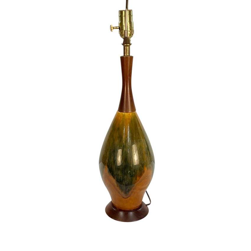 Vintage MCM Drip Glaze Ceramic Lamp; Wood Table Lamp – 28” Olive Green Amber Brown Mid Century Lamp