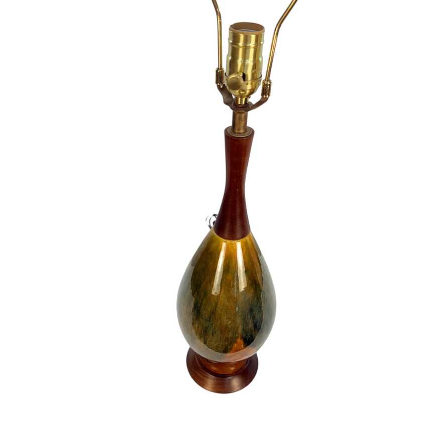 Vintage MCM Drip Glaze Ceramic Lamp; Wood Table Lamp – 28” Olive Green Amber Brown Mid Century Lamp