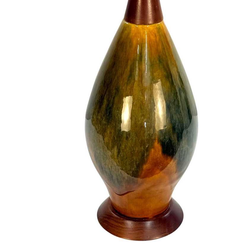 Vintage MCM Drip Glaze Ceramic Lamp; Wood Table Lamp – 28” Olive Green Amber Brown Mid Century Lamp
