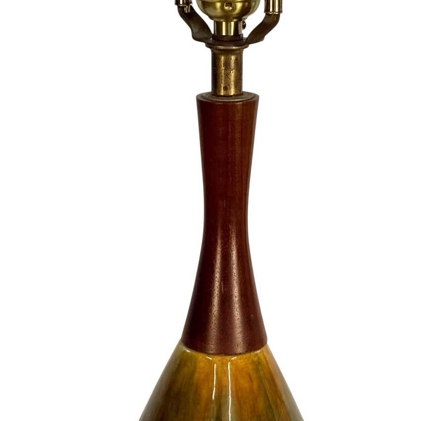 Vintage MCM Drip Glaze Ceramic Lamp; Wood Table Lamp – 28” Olive Green Amber Brown Mid Century Lamp