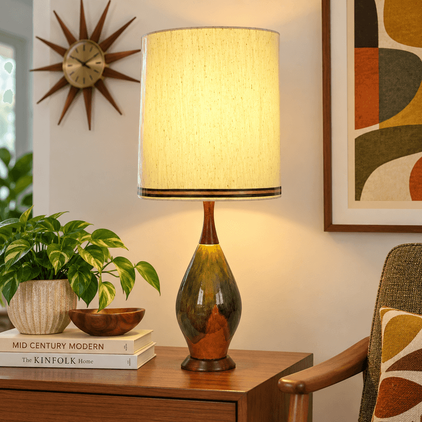 Vintage MCM Drip Glaze Ceramic Lamp; Wood Table Lamp – 28” Olive Green Amber Brown Mid Century Lamp
