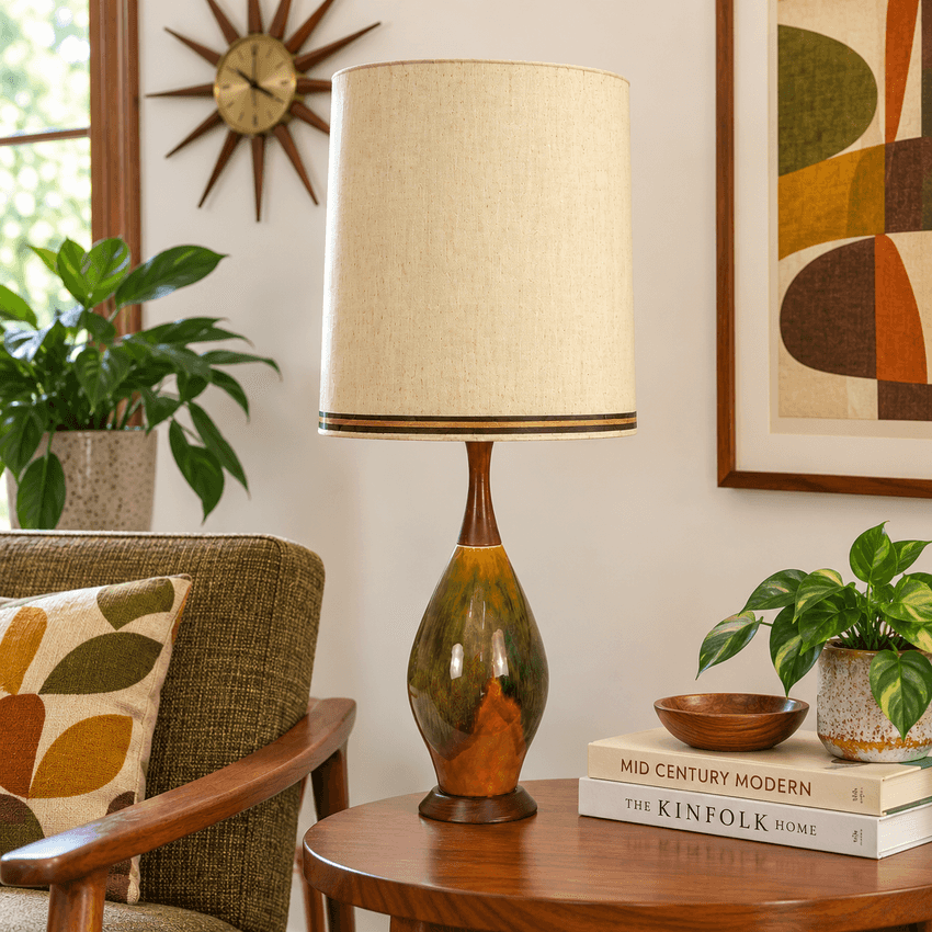 A mid-century modern table lamp with a textured beige linen drum shade and a glossy marbled green, amber, and brown ceramic base, styled on a wooden side table in a cozy living room.