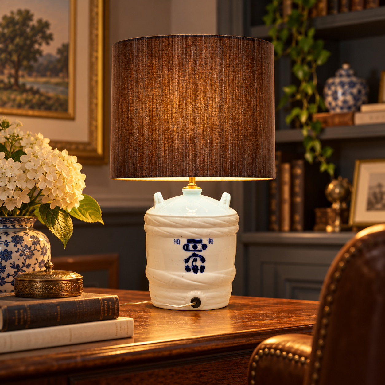 A table lamp with a brown textured drum shade and a white ceramic body decorated with blue Chinese-style floral motifs, placed on a wooden desk in a cozy, vintage-style room.