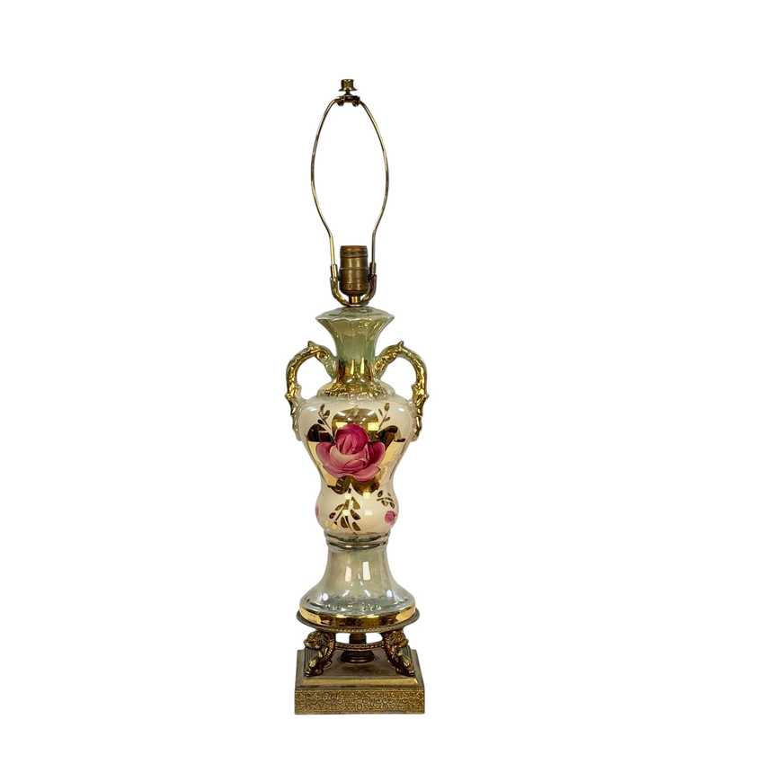 Vintage Green Floral Urn Table Lamp with Gold Accents | Hollywood Regency Ceramic Lamp | Ornate Double Handle Vase Lamp