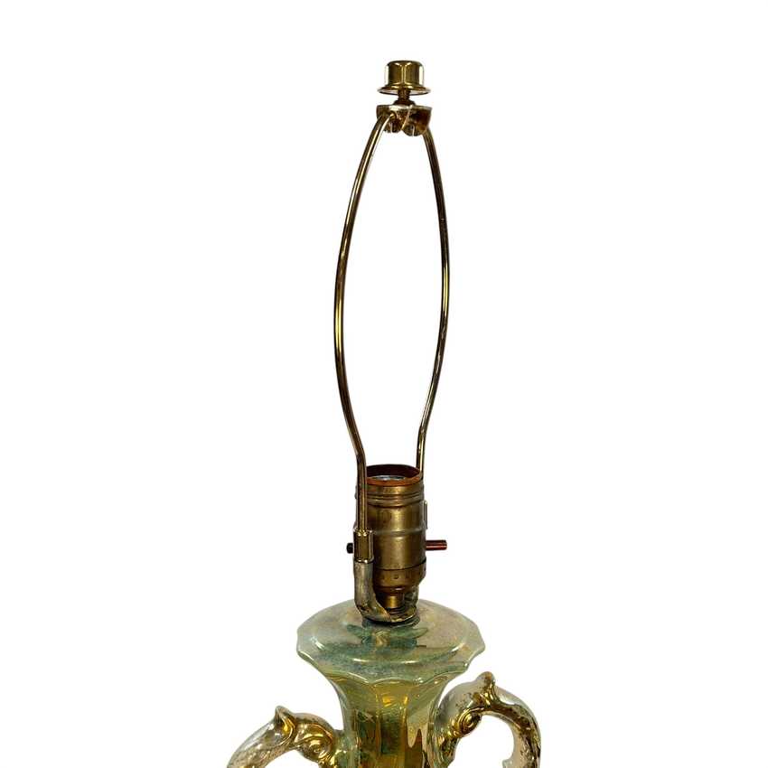 Vintage Green Floral Urn Table Lamp with Gold Accents | Hollywood Regency Ceramic Lamp | Ornate Double Handle Vase Lamp