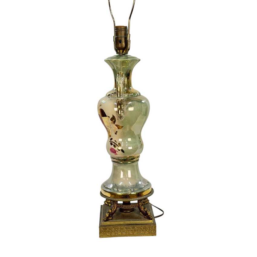 Vintage Green Floral Urn Table Lamp with Gold Accents | Hollywood Regency Ceramic Lamp | Ornate Double Handle Vase Lamp