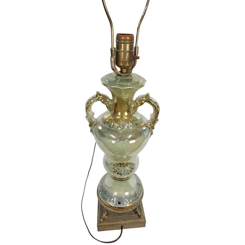 Vintage Green Floral Urn Table Lamp with Gold Accents | Hollywood Regency Ceramic Lamp | Ornate Double Handle Vase Lamp