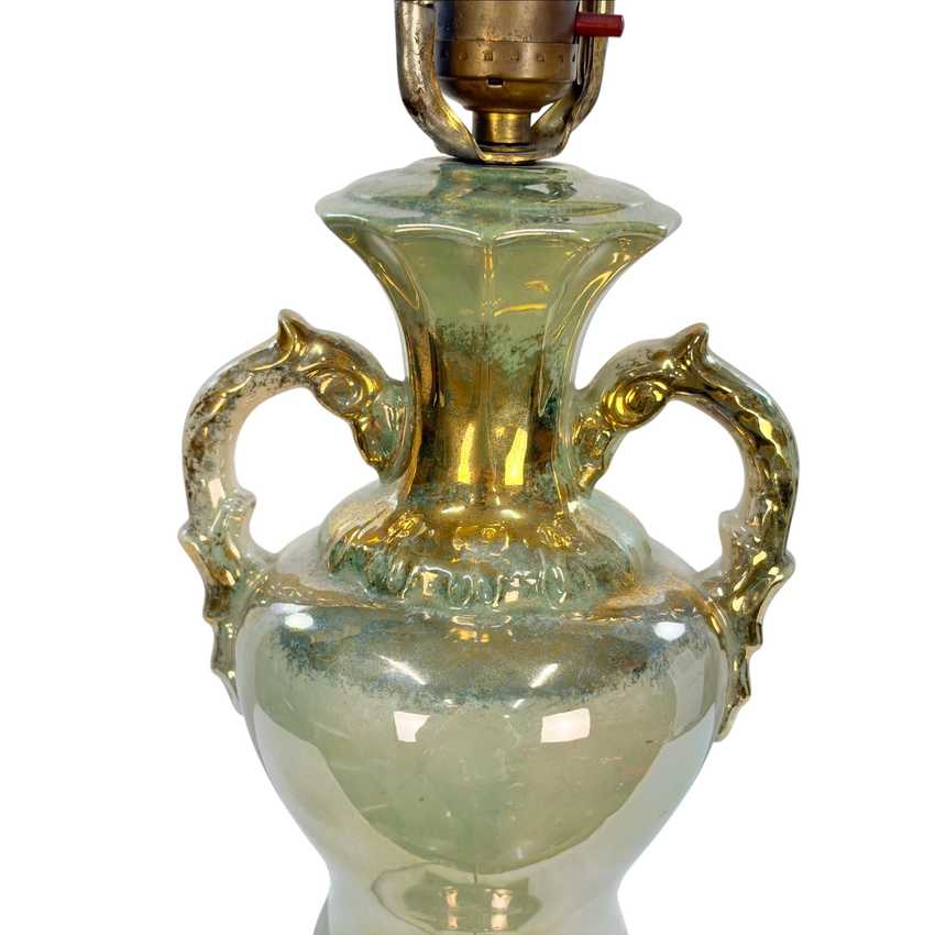 Vintage Green Floral Urn Table Lamp with Gold Accents | Hollywood Regency Ceramic Lamp | Ornate Double Handle Vase Lamp