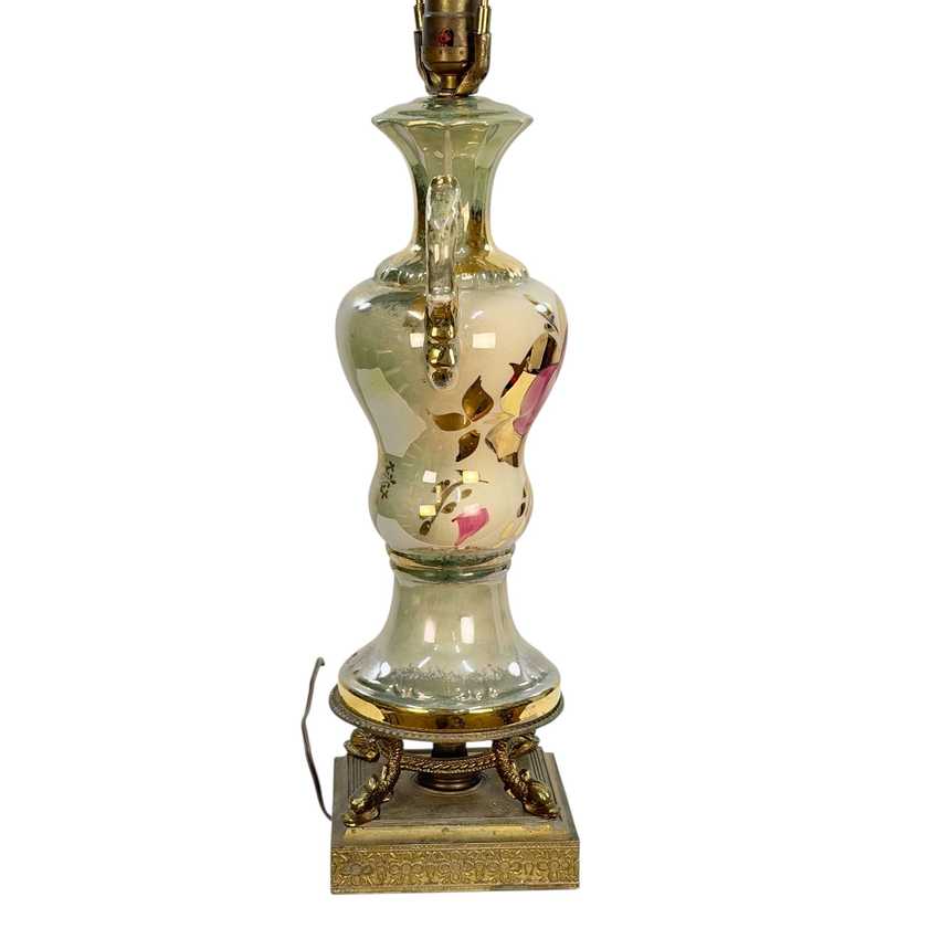 Vintage Green Floral Urn Table Lamp with Gold Accents | Hollywood Regency Ceramic Lamp | Ornate Double Handle Vase Lamp