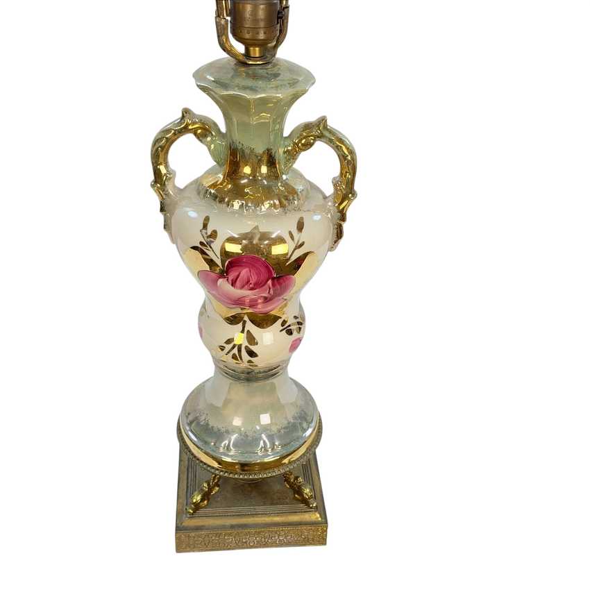Vintage Green Floral Urn Table Lamp with Gold Accents | Hollywood Regency Ceramic Lamp | Ornate Double Handle Vase Lamp