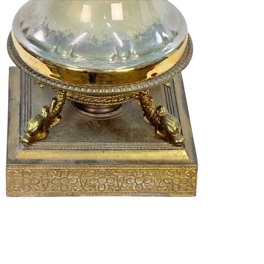 Vintage Green Floral Urn Table Lamp with Gold Accents | Hollywood Regency Ceramic Lamp | Ornate Double Handle Vase Lamp