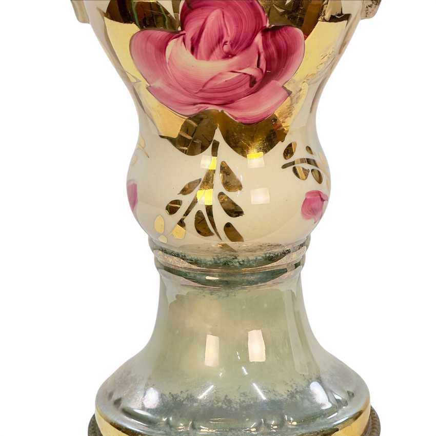 Vintage Green Floral Urn Table Lamp with Gold Accents | Hollywood Regency Ceramic Lamp | Ornate Double Handle Vase Lamp