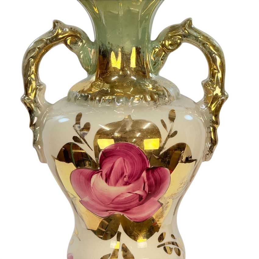 Vintage Green Floral Urn Table Lamp with Gold Accents | Hollywood Regency Ceramic Lamp | Ornate Double Handle Vase Lamp