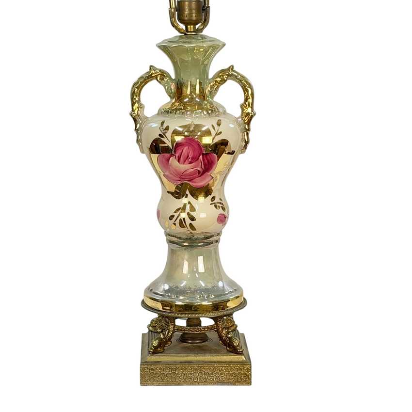 Vintage Green Floral Urn Table Lamp with Gold Accents | Hollywood Regency Ceramic Lamp | Ornate Double Handle Vase Lamp
