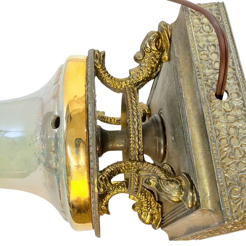 Vintage Green Floral Urn Table Lamp with Gold Accents | Hollywood Regency Ceramic Lamp | Ornate Double Handle Vase Lamp