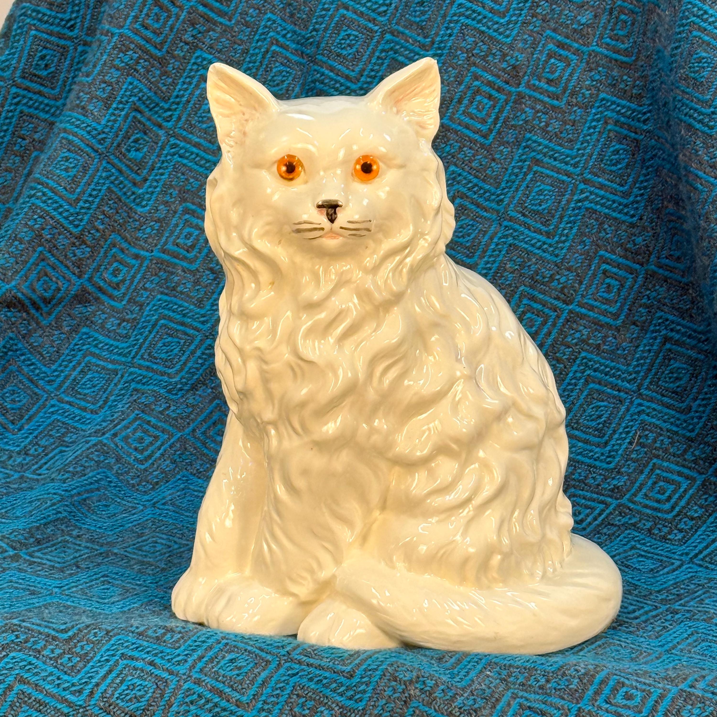 Life Size Vintage Sitting White Ceramic Cat