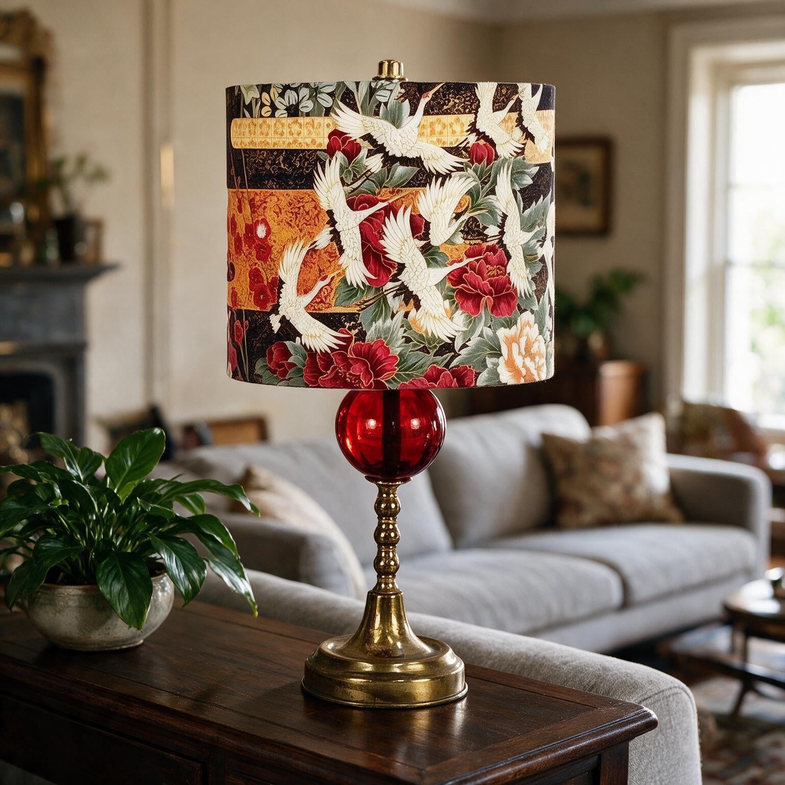 Small Red Glass Vintage Lamp | Brass Table Home Decor | Retro Housewarming Gift