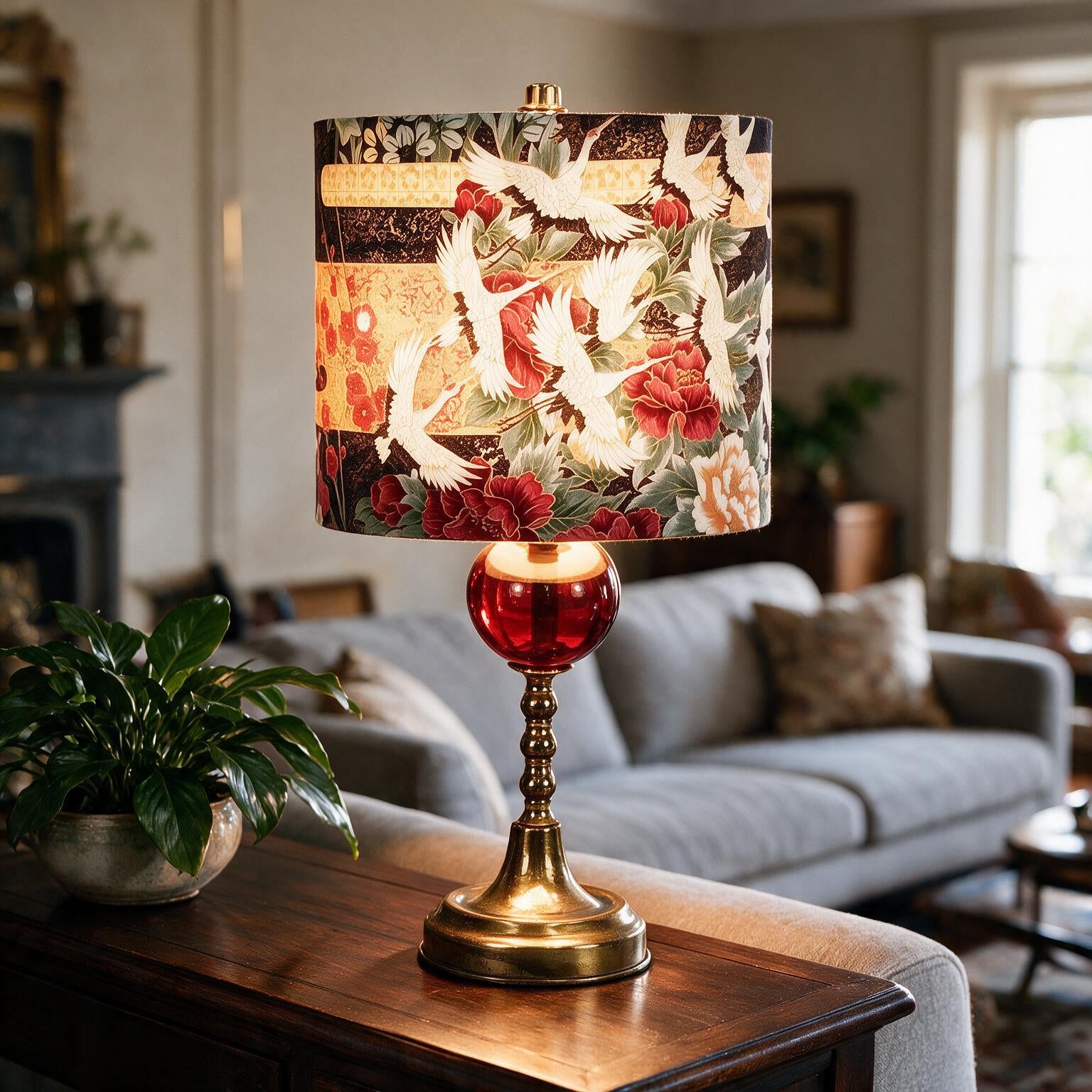 Small Red Glass Vintage Lamp | Brass Table Home Decor | Retro Housewarming Gift