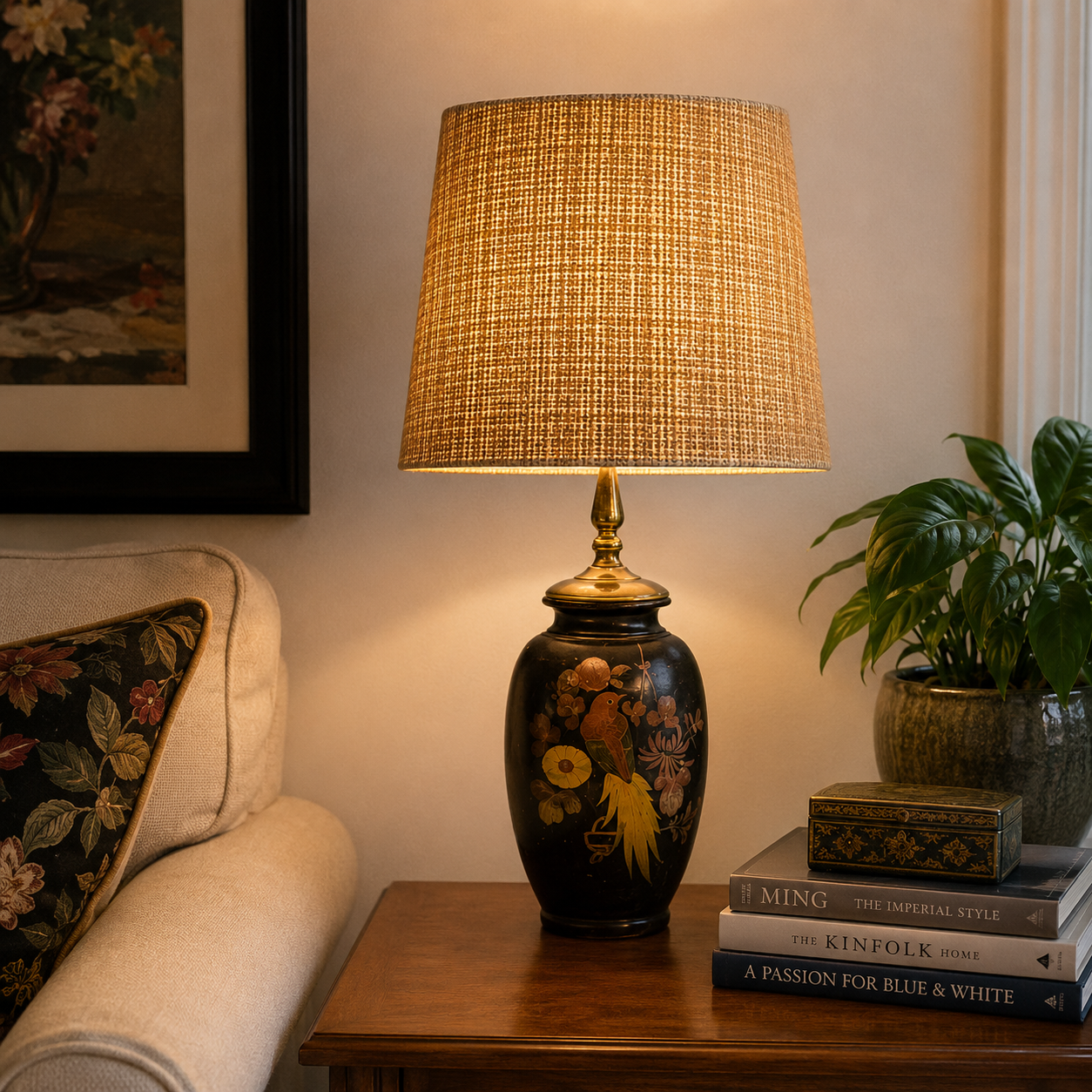 A table lamp with a textured beige woven drum shade and a glossy black ceramic base decorated with gold and multicolor floral motifs, shown lit on a wooden side table in a cozy living room setting.