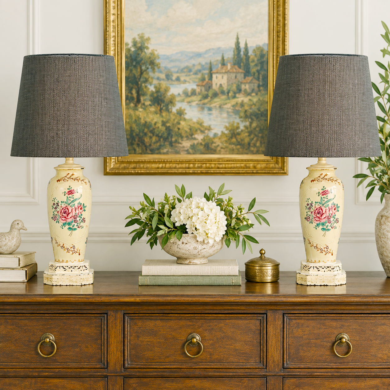 Vintage Squirrel Crest Table Lamps Pair, Hand Painted Floral Ceramic Lamps, Pink Rose Lamps, Ornate Filigree Bases