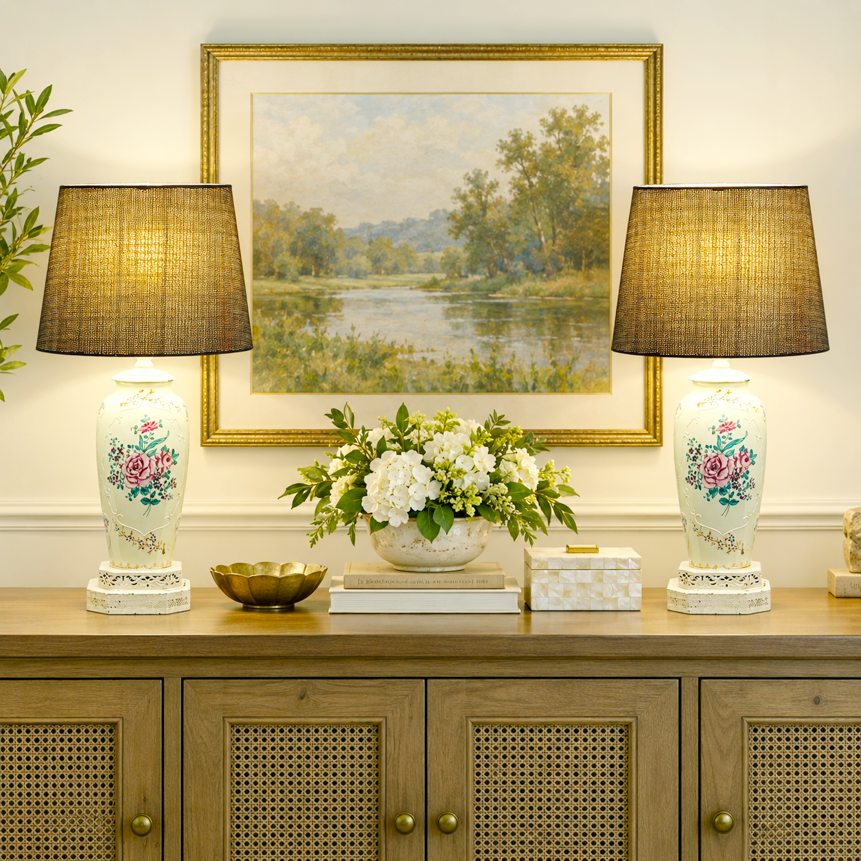 Vintage Squirrel Crest Table Lamps Pair, Hand Painted Floral Ceramic Lamps, Pink Rose Lamps, Ornate Filigree Bases