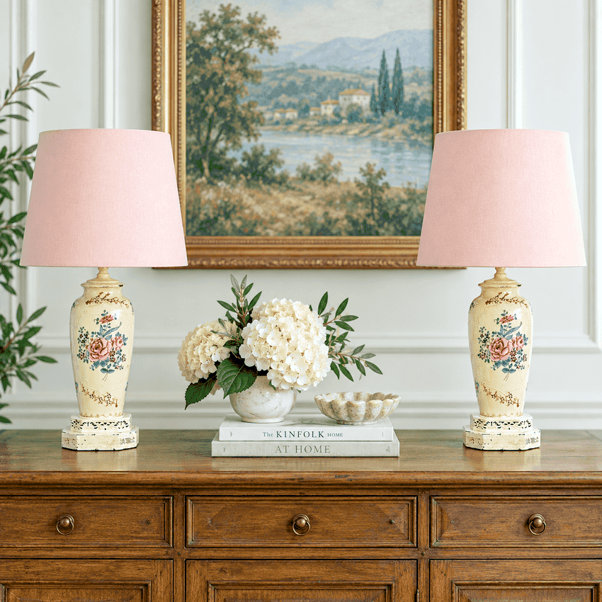 Vintage Squirrel Crest Table Lamps Pair, Hand Painted Floral Ceramic Lamps, Pink Rose Lamps, Ornate Filigree Bases
