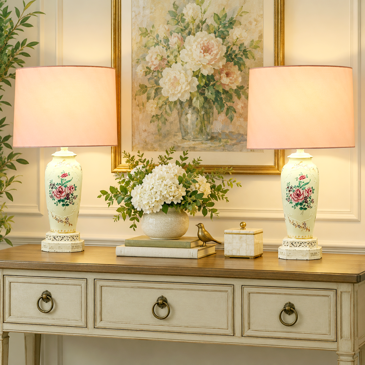 Vintage Squirrel Crest Table Lamps Pair, Hand Painted Floral Ceramic Lamps, Pink Rose Lamps, Ornate Filigree Bases