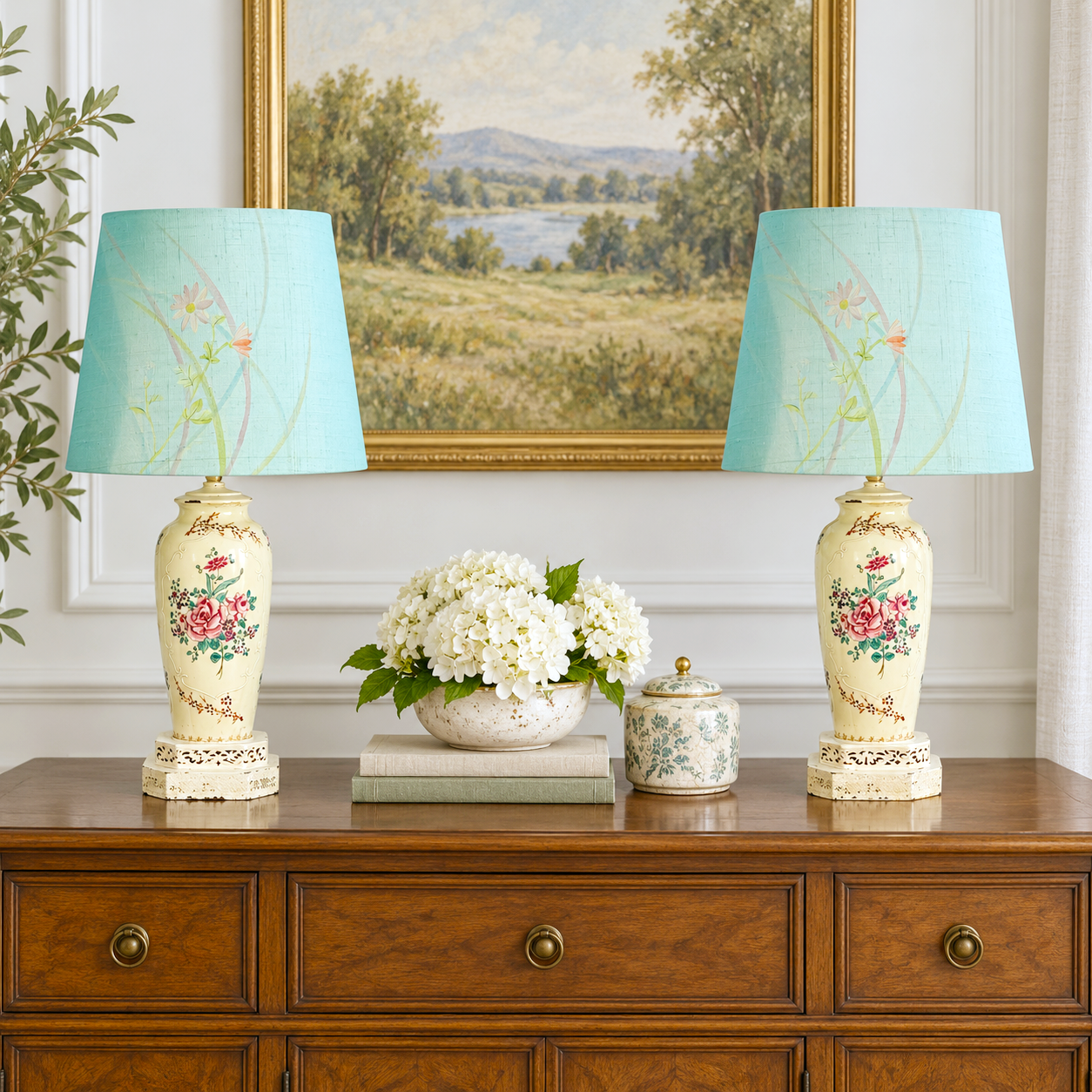 Vintage Squirrel Crest Table Lamps Pair, Hand Painted Floral Ceramic Lamps, Pink Rose Lamps, Ornate Filigree Bases