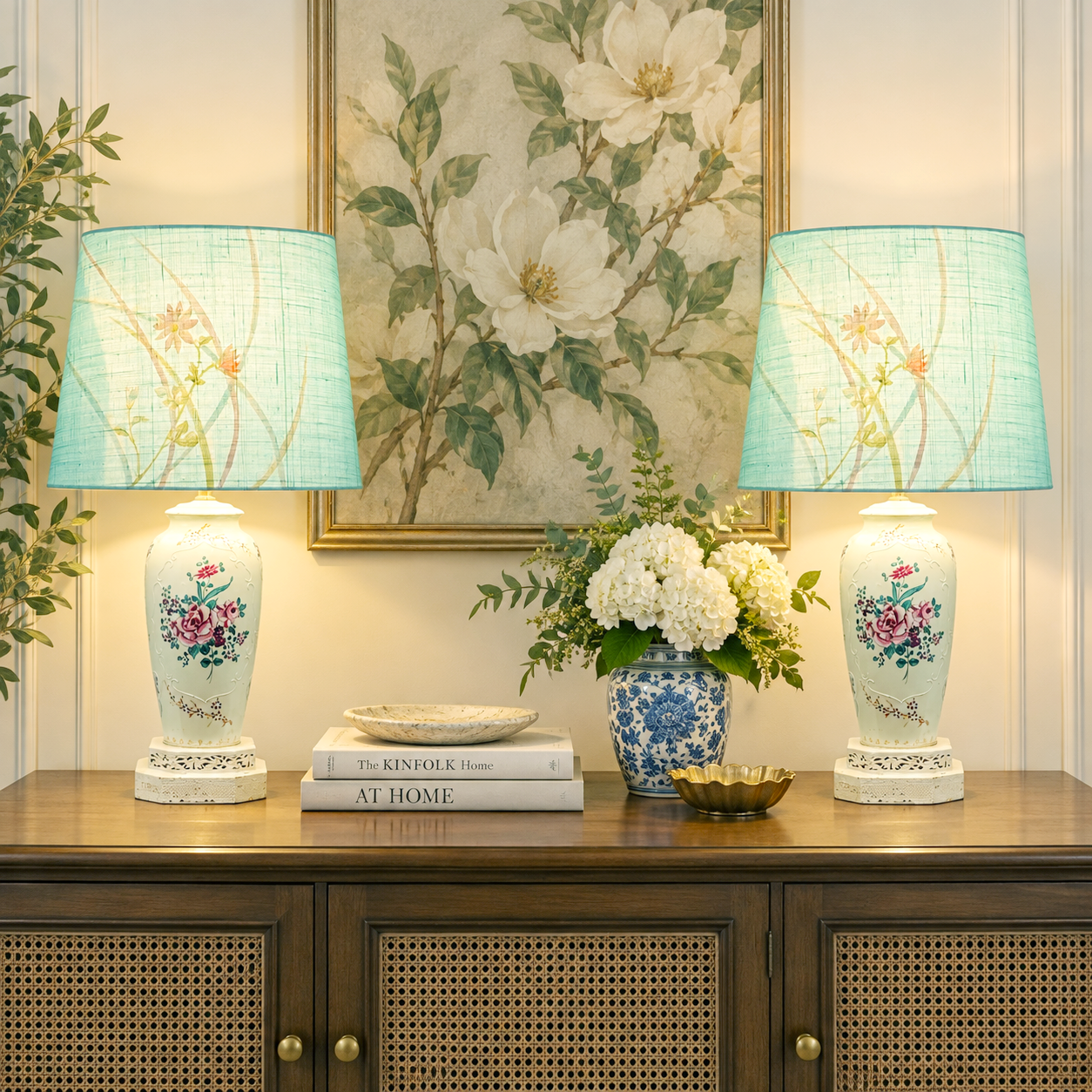 Vintage Squirrel Crest Table Lamps Pair, Hand Painted Floral Ceramic Lamps, Pink Rose Lamps, Ornate Filigree Bases
