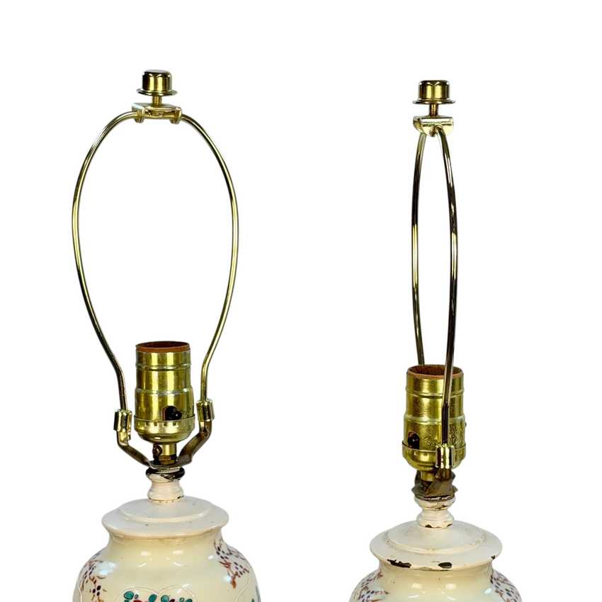 Vintage Squirrel Crest Table Lamps Pair, Hand Painted Floral Ceramic Lamps, Pink Rose Lamps, Ornate Filigree Bases