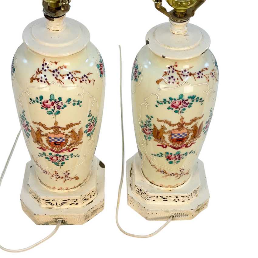 Vintage Squirrel Crest Table Lamps Pair, Hand Painted Floral Ceramic Lamps, Pink Rose Lamps, Ornate Filigree Bases