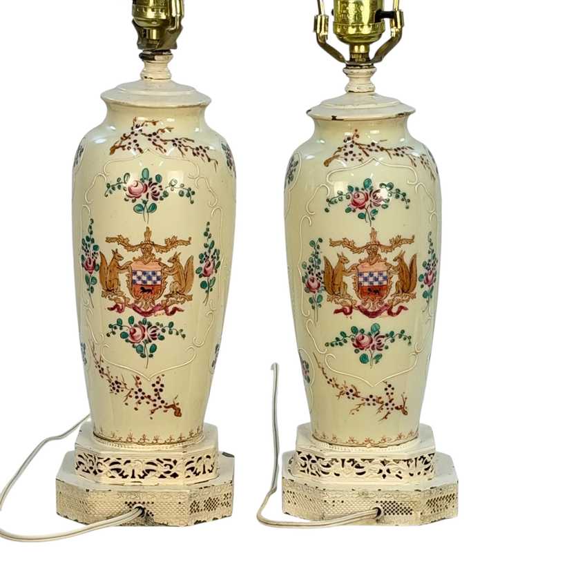 Vintage Squirrel Crest Table Lamps Pair, Hand Painted Floral Ceramic Lamps, Pink Rose Lamps, Ornate Filigree Bases
