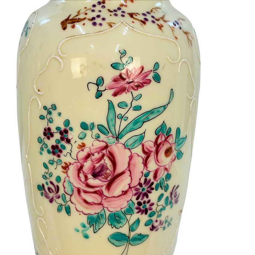 Vintage Squirrel Crest Table Lamps Pair, Hand Painted Floral Ceramic Lamps, Pink Rose Lamps, Ornate Filigree Bases