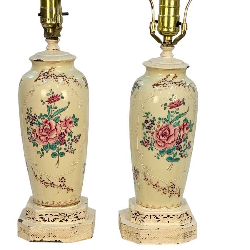 Vintage Squirrel Crest Table Lamps Pair, Hand Painted Floral Ceramic Lamps, Pink Rose Lamps, Ornate Filigree Bases