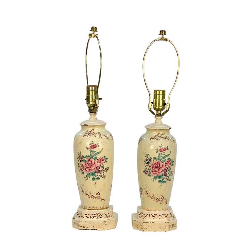 Vintage Squirrel Crest Table Lamps Pair, Hand Painted Floral Ceramic Lamps, Pink Rose Lamps, Ornate Filigree Bases