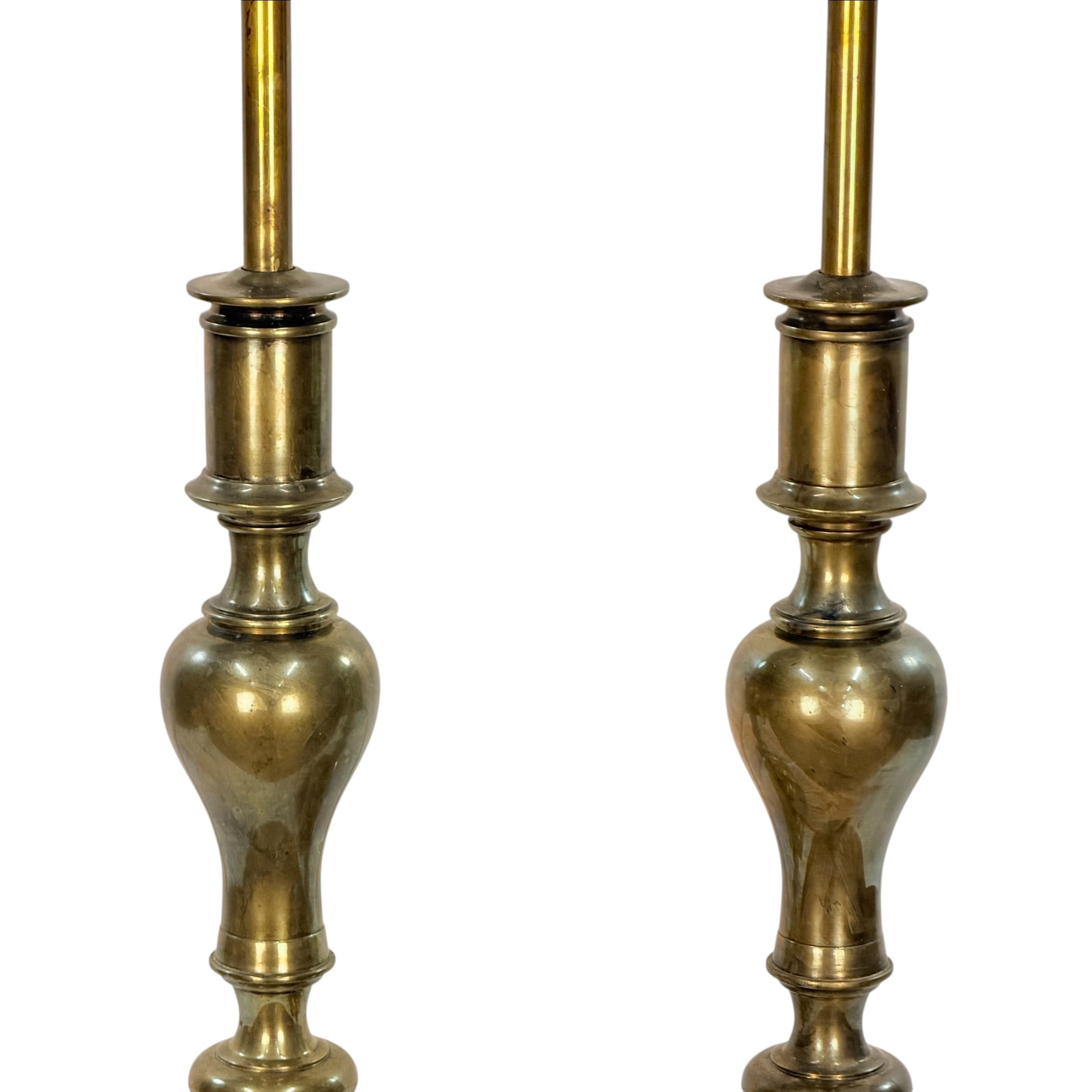 Vintage Stiffel Heavy Solid Brass Candlestick 3-Way Table Lamps - A Matching Pair