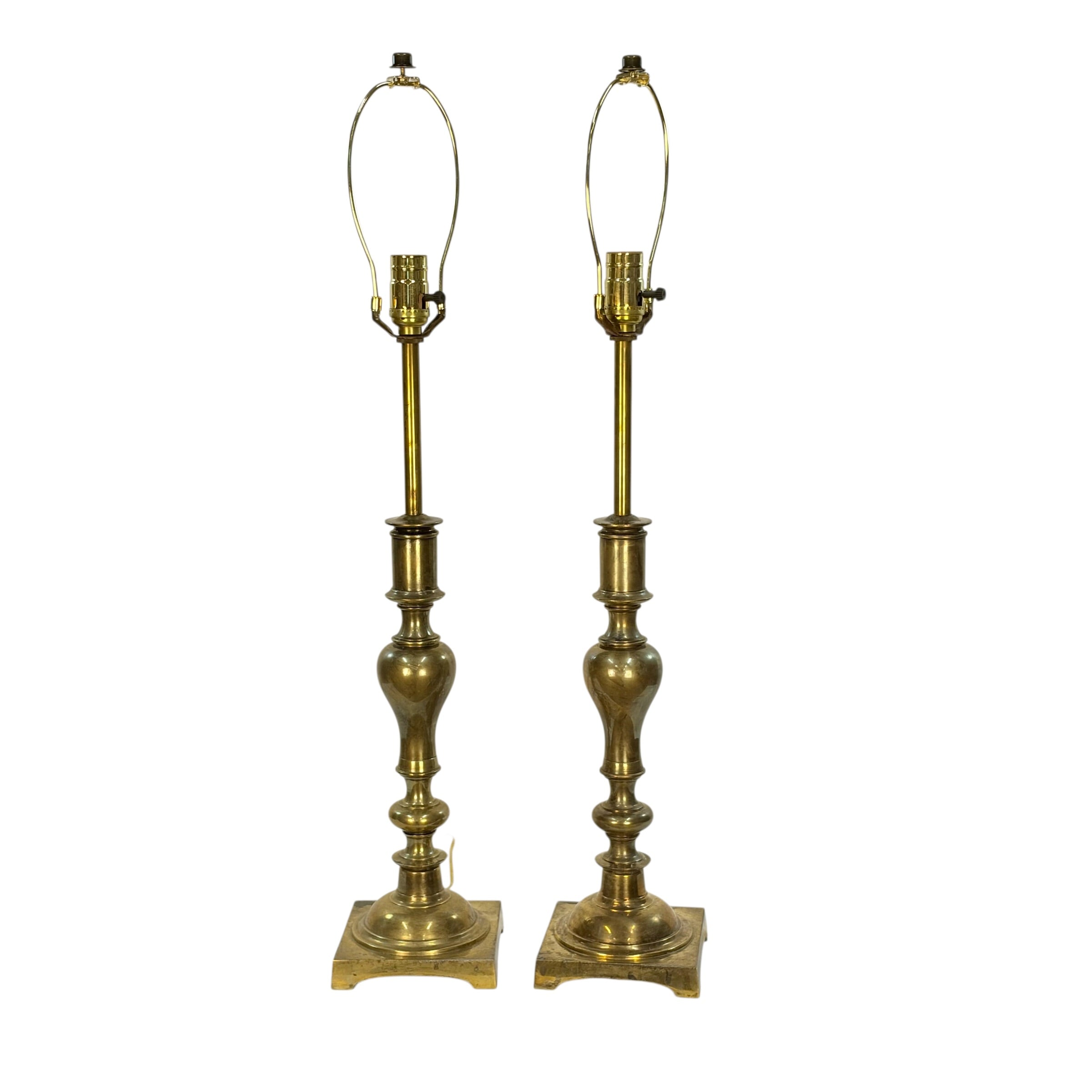 Vintage Stiffel Heavy Solid Brass Candlestick 3-Way Table Lamps - A Matching Pair