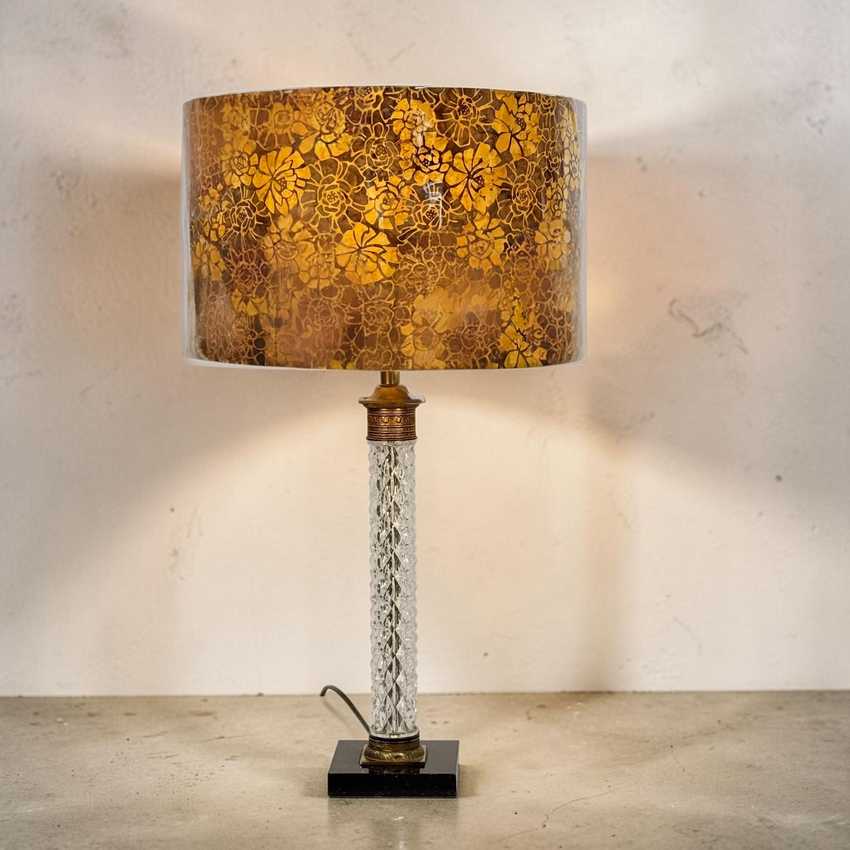 Tall Vintage Diamond Pattern Crystal Glass Lamp | Table Lamp | Brass and Black Vintage Lamp