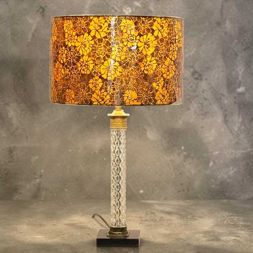 Tall Vintage Diamond Pattern Crystal Glass Lamp | Table Lamp | Brass and Black Vintage Lamp