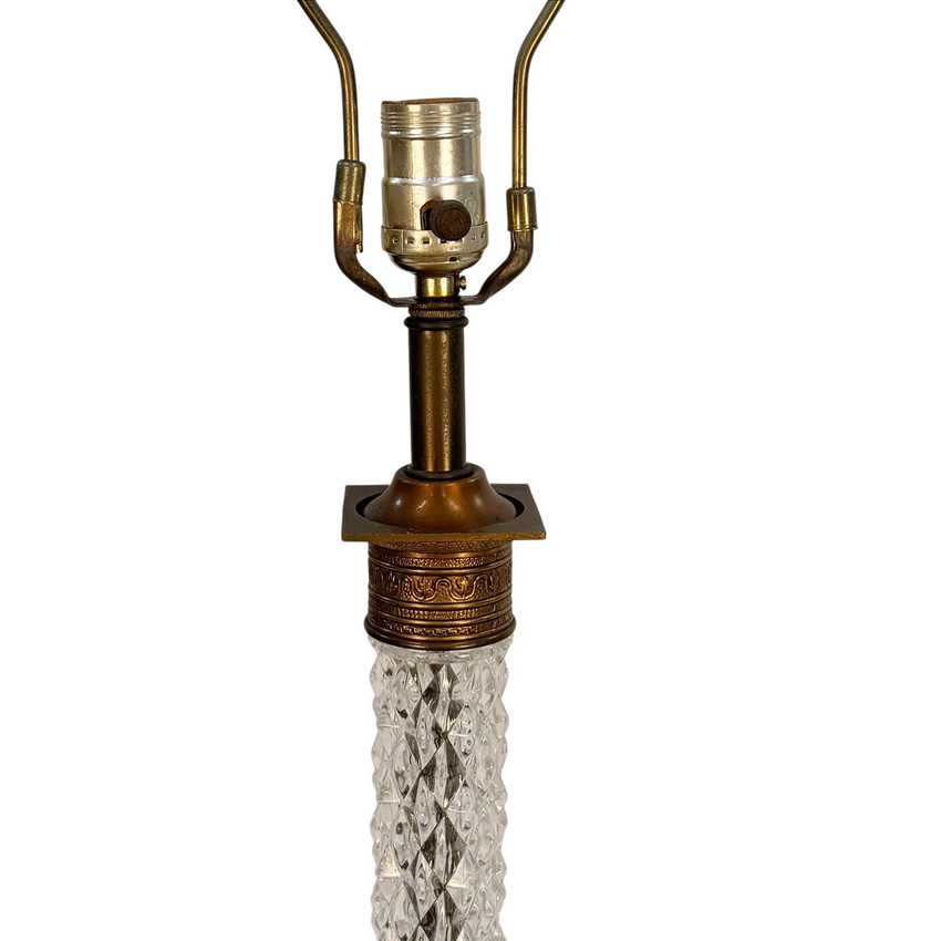 Tall Vintage Diamond Pattern Crystal Glass Lamp | Table Lamp | Brass and Black Vintage Lamp