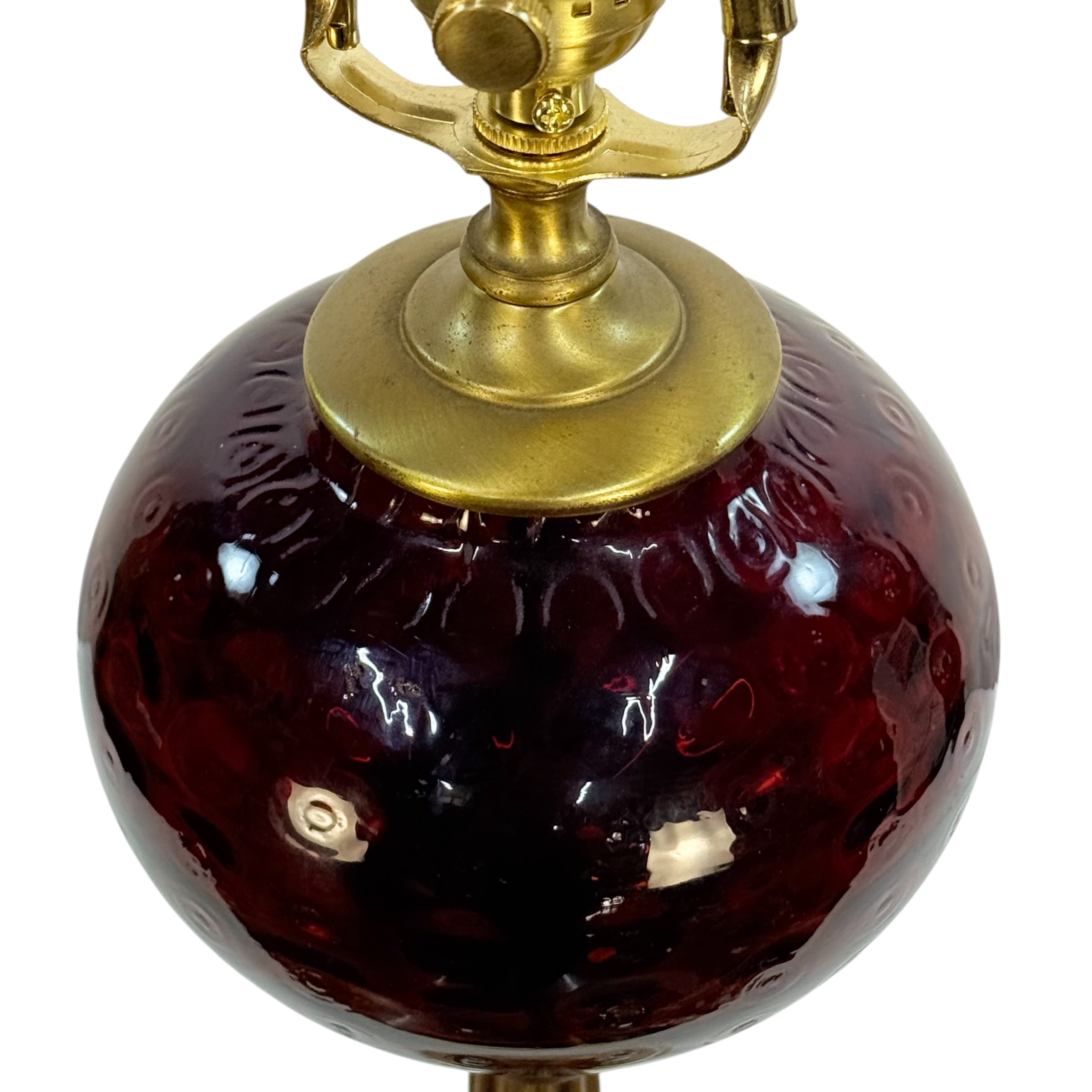 Vintage Ruby Red Glass Table Lamp Brass Column Stone Base 25.5”