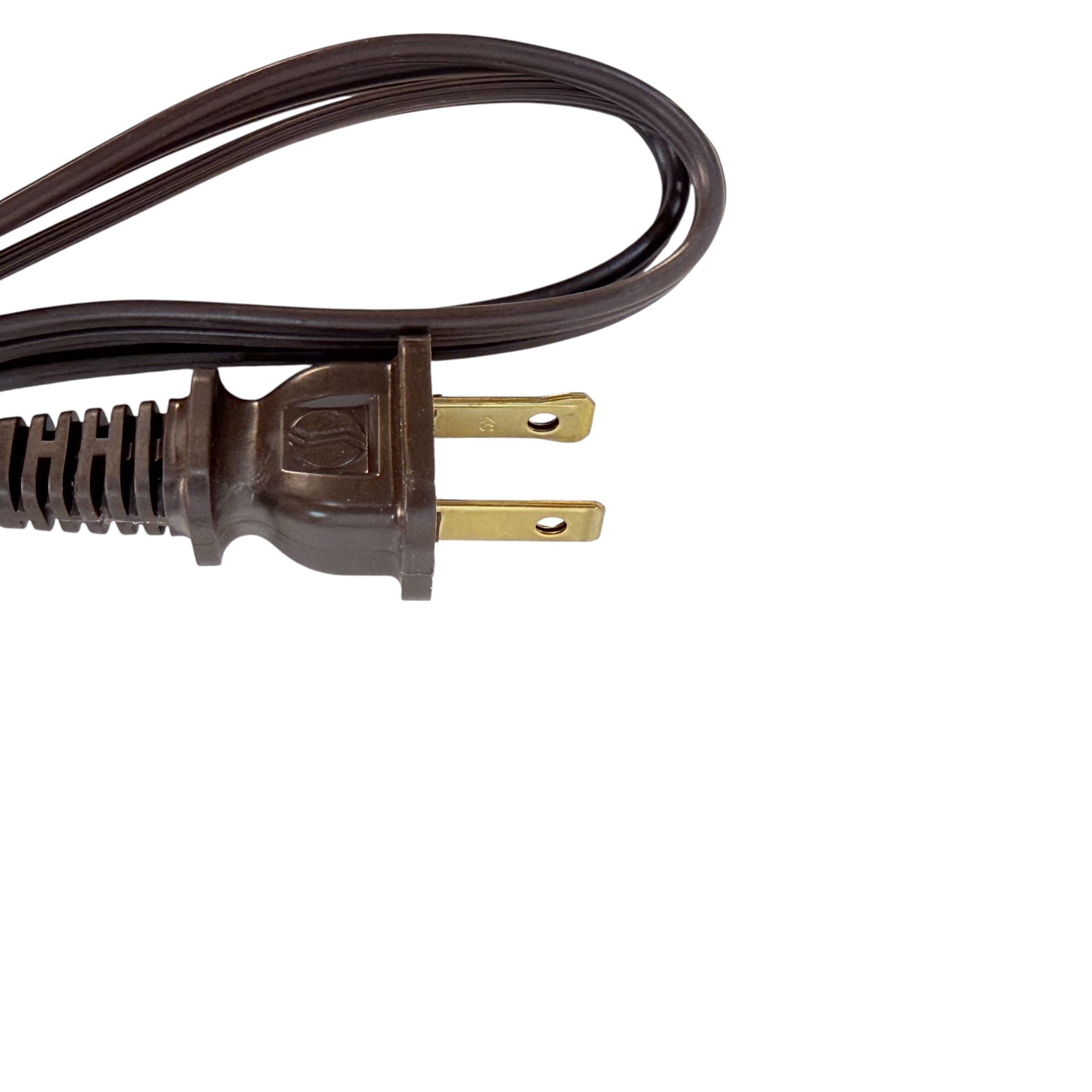 A close-up of a dark brown power cord with a two-prong plug and gold-toned metal prongs, shown on a plain white background.