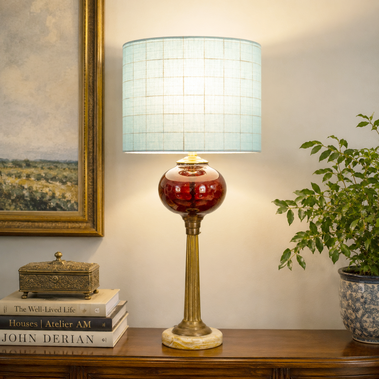 Vintage Ruby Red Glass Table Lamp Brass Column Stone Base 25.5”
