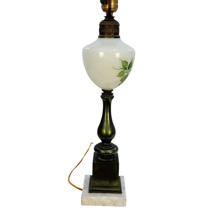 Vintage Milk Glass Table Lamp with Green Floral Motif, Marble Base, 3 Way Switch, 26 Inch Lamp, Cottage Style Accent Lighting