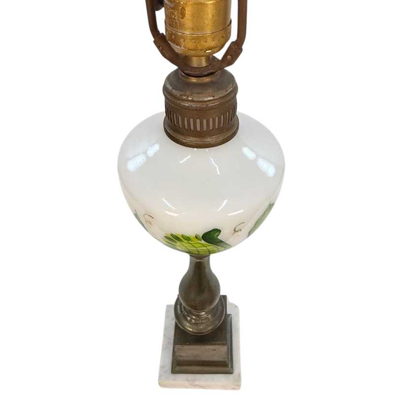 Vintage Milk Glass Table Lamp with Green Floral Motif, Marble Base, 3 Way Switch, 26 Inch Lamp, Cottage Style Accent Lighting