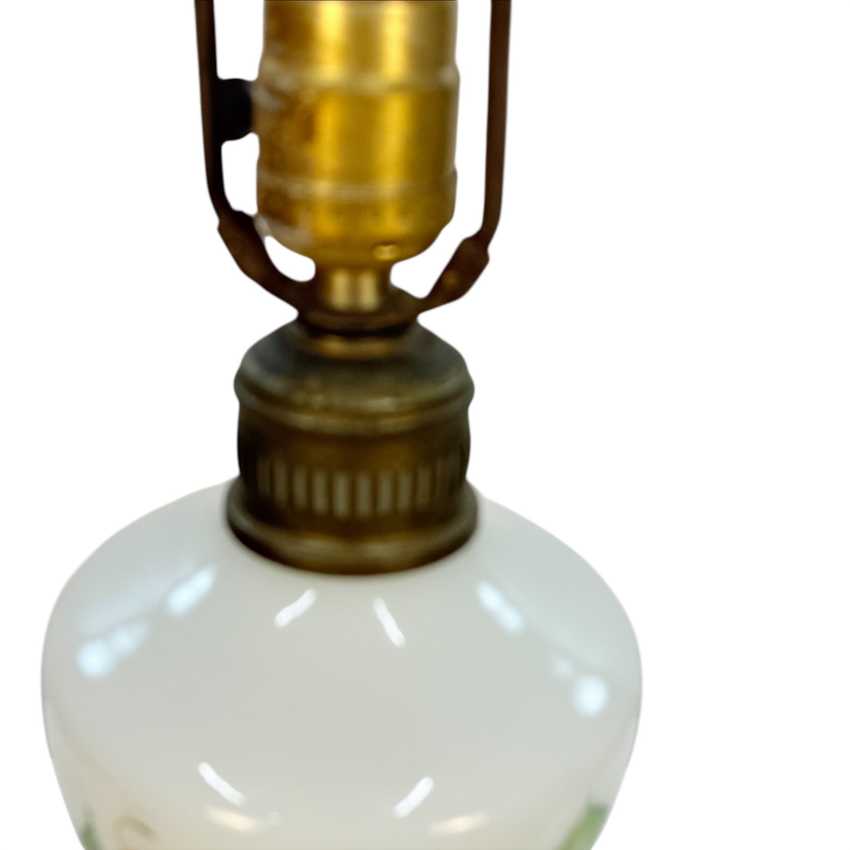 Vintage Milk Glass Table Lamp with Green Floral Motif, Marble Base, 3 Way Switch, 26 Inch Lamp, Cottage Style Accent Lighting