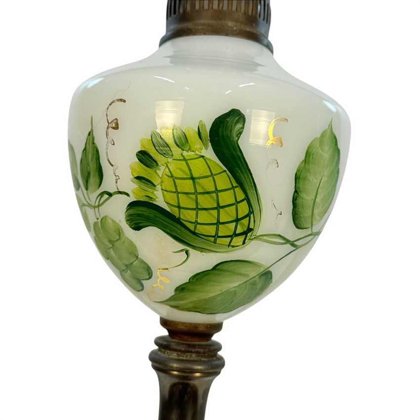 Vintage Milk Glass Table Lamp with Green Floral Motif, Marble Base, 3 Way Switch, 26 Inch Lamp, Cottage Style Accent Lighting