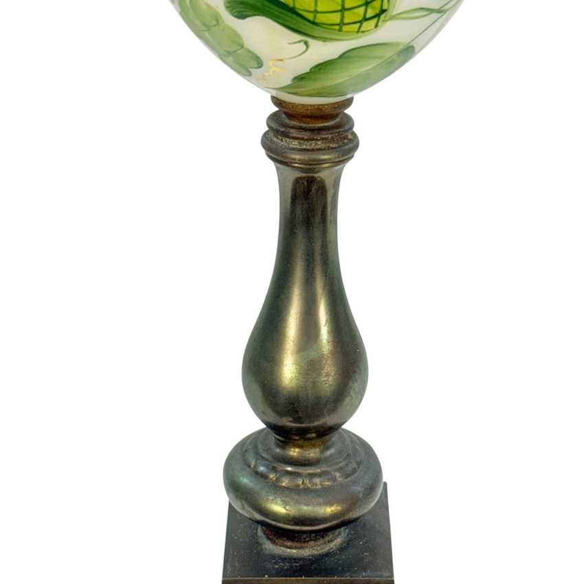 Vintage Milk Glass Table Lamp with Green Floral Motif, Marble Base, 3 Way Switch, 26 Inch Lamp, Cottage Style Accent Lighting