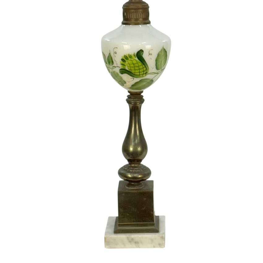 Vintage Milk Glass Table Lamp with Green Floral Motif, Marble Base, 3 Way Switch, 26 Inch Lamp, Cottage Style Accent Lighting