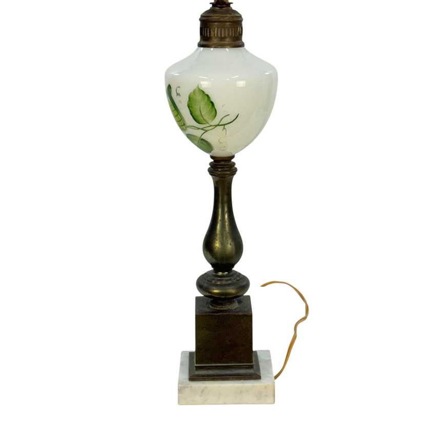 Vintage Milk Glass Table Lamp with Green Floral Motif, Marble Base, 3 Way Switch, 26 Inch Lamp, Cottage Style Accent Lighting